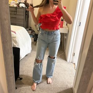 Red one shoulder crop top
